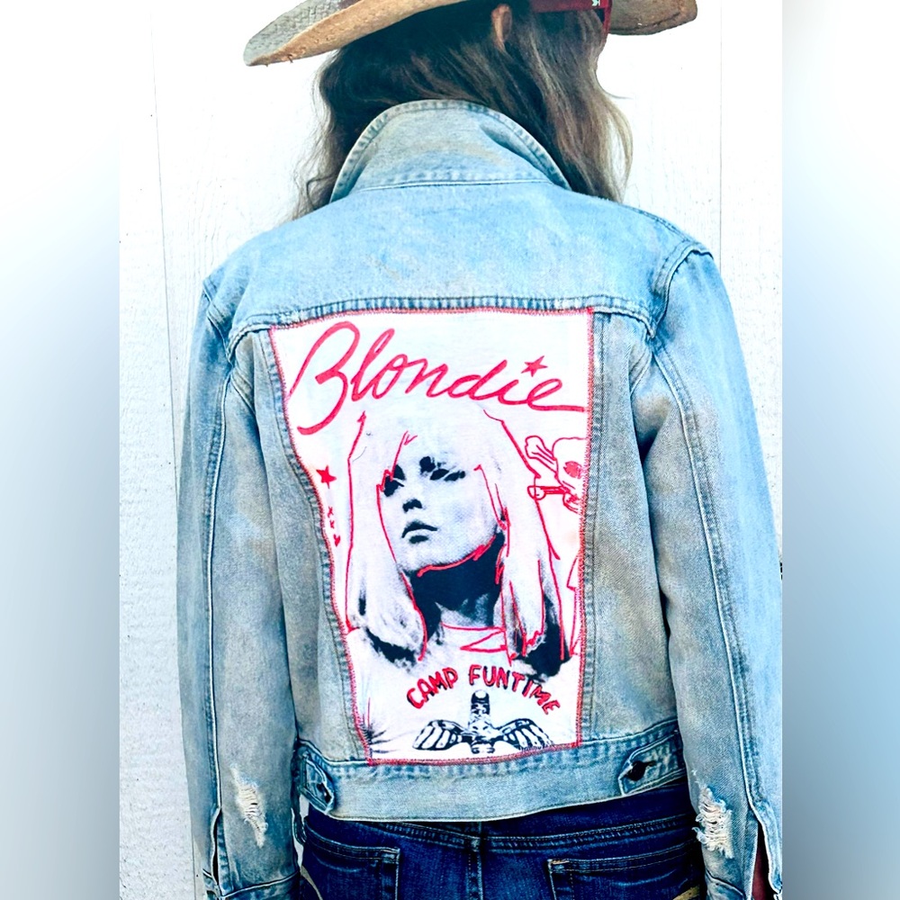 Current Air distressed jean jacket women XS/S upcycled BLONDIE vintage tshirt